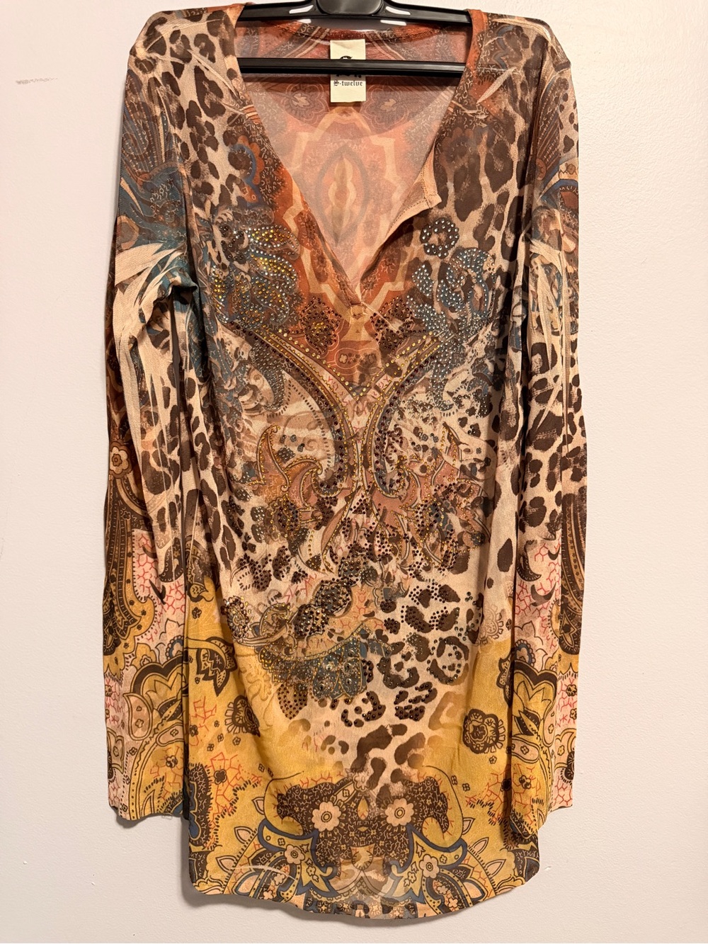 S-Twelve Y2K Rhinestone Leopard Paisley Mesh Long Sleeve Top S/M